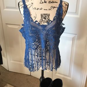 Rebellion Crop Lace Top, Sleeveless Mesh Pattern with Tassels